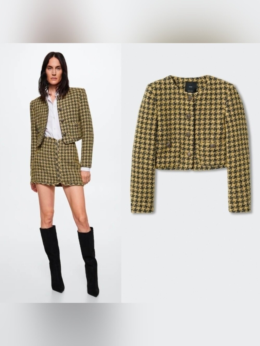 Mango Yellow Tweed Cropped Jacket